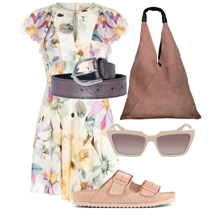 Outfit donna - Fiori e fiori. Stile Bon Ton per Tutti i giorni. Abbinamento con vestiti corti, cinture, sandali, borse a spalla, occhiali da sole.