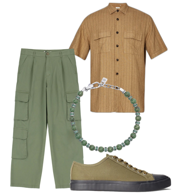 Outfit uomo - City Safari. Stile Casual per Tutti i giorni. Abbinamento con braccialetti, pantaloni cargo, sneakers, camicie.