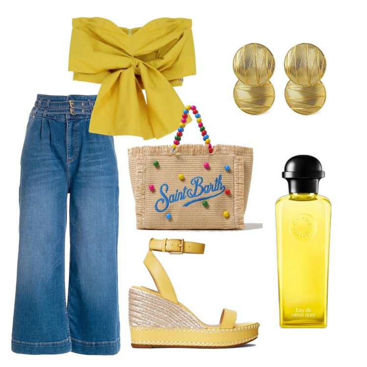 Outfit donna - Yellow submarine. Stile Casual chic per Tutti i giorni. Abbinamento con profumi, top, jeans, espadrillas, borse a mano, orecchini.