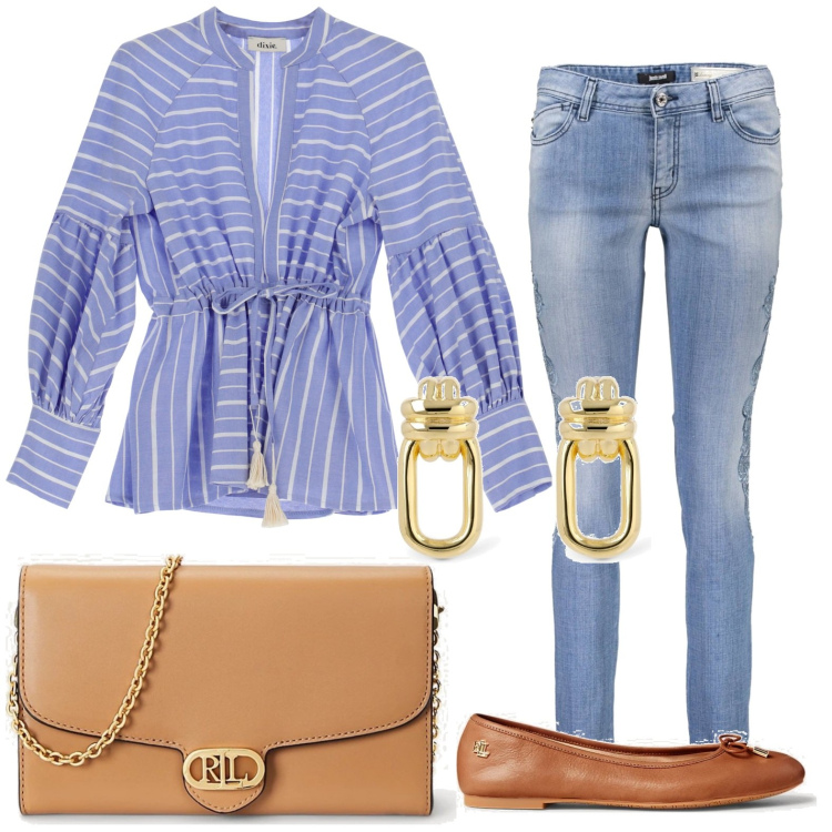 Outfit donna - Il jeans non sbaglia mai. Stile Bon Ton per Tutti i giorni. look ideale per Petite. Abbinamento con camicie, ballerine, borse a tracolla, jeans, orecchini.