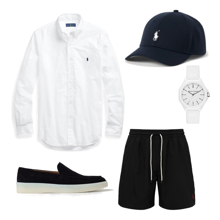 Outfit uomo - Ferie estive. Stile Casual per Mare. Abbinamento con orologi, cappelli, camicie, shorts, scarpe stringate.