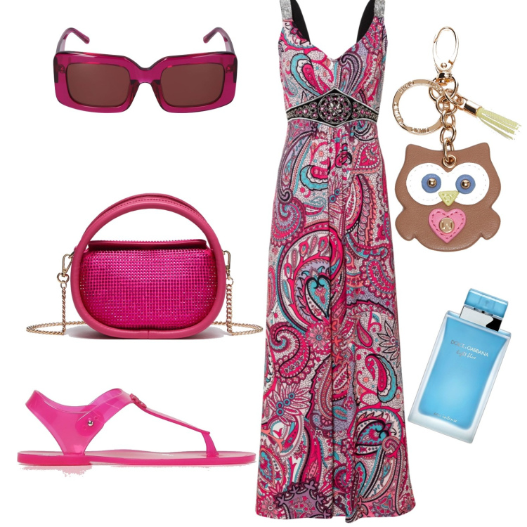 Outfit donna - Leggero. Stile Casual per Tutti i giorni. Abbinamento con vestiti lunghi, profumi, sandali, borse a mano, occhiali da sole, portachiavi.