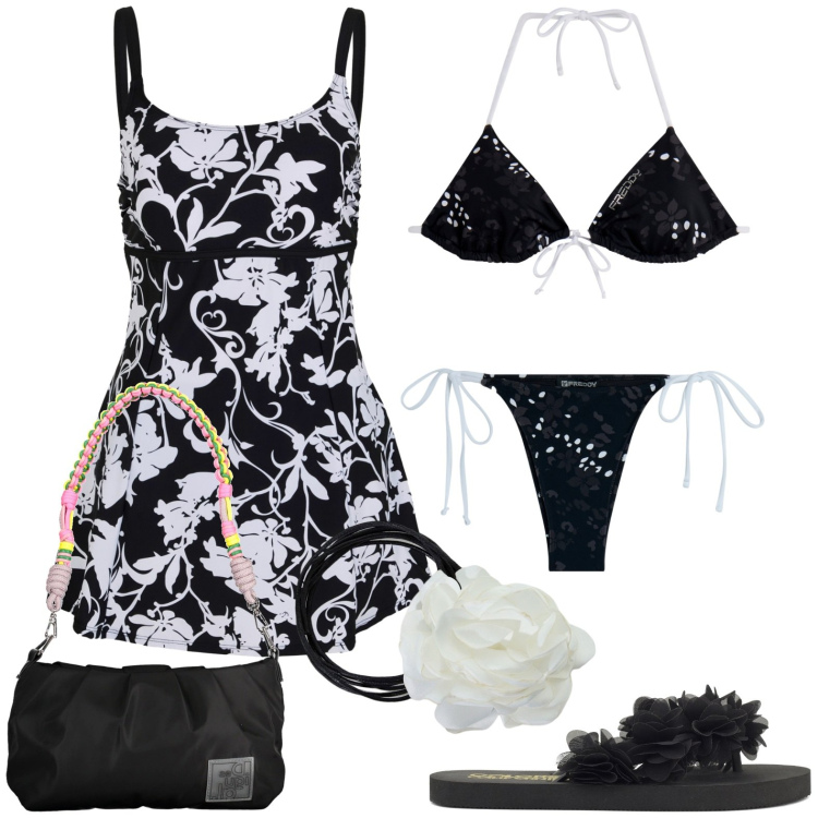 Outfit donna - Mare. Stile Casual chic per Mare. Abbinamento con vestiti da spiaggia, bikini, bikini, collane, infradito, borse a spalla.