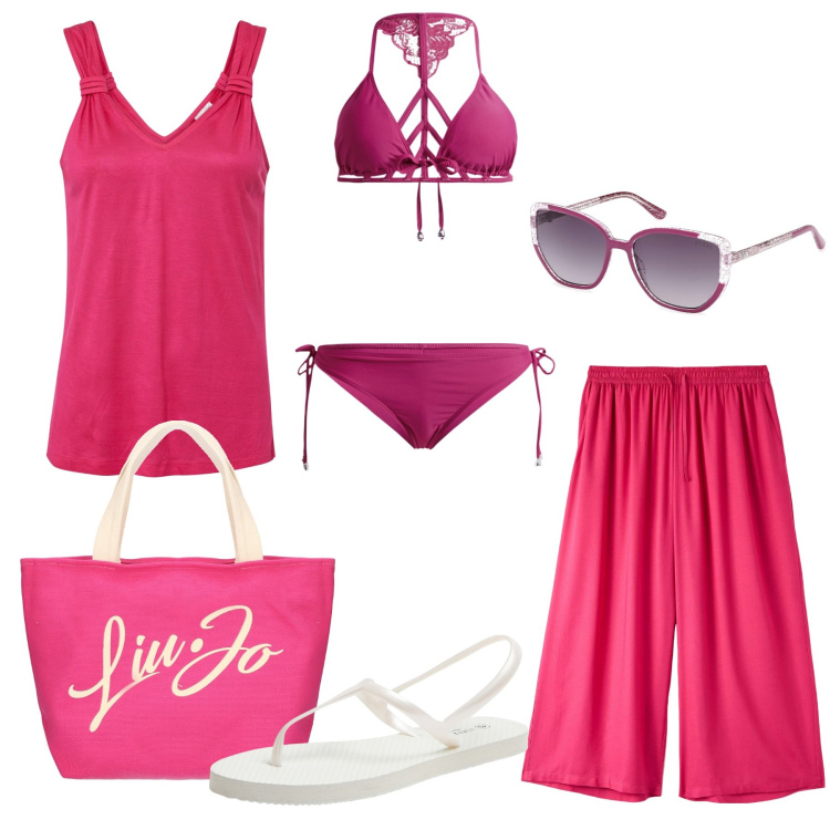 Outfit donna - In spiaggia. Stile Basic per Mare. Abbinamento con bikini, top, sandali, pantaloni a palazzo, shopping bag, occhiali da sole.