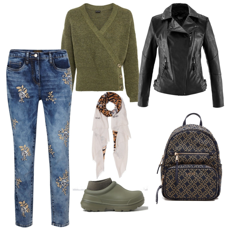 Outfit donna - Estate in montagna. Abbinamento con jeans, blazer, maglieria, zaini, stivaletti, stole.