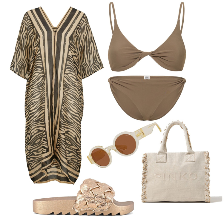 Outfit donna - Al mare con il kimono. Stile Etnico per Mare. Abbinamento con vestiti da spiaggia, occhiali da sole, ciabatte, bikini, borse tote, bikini.