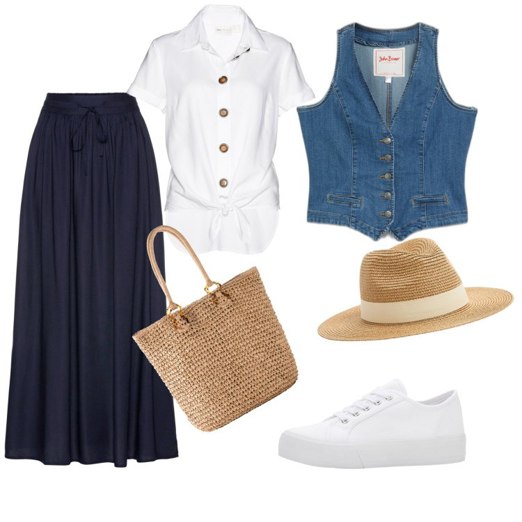 Outfit donna - Picnic in campagna. Abbinamento con gonne lunghe, gilet, sneakers, camicie, shopping bag, cappelli.