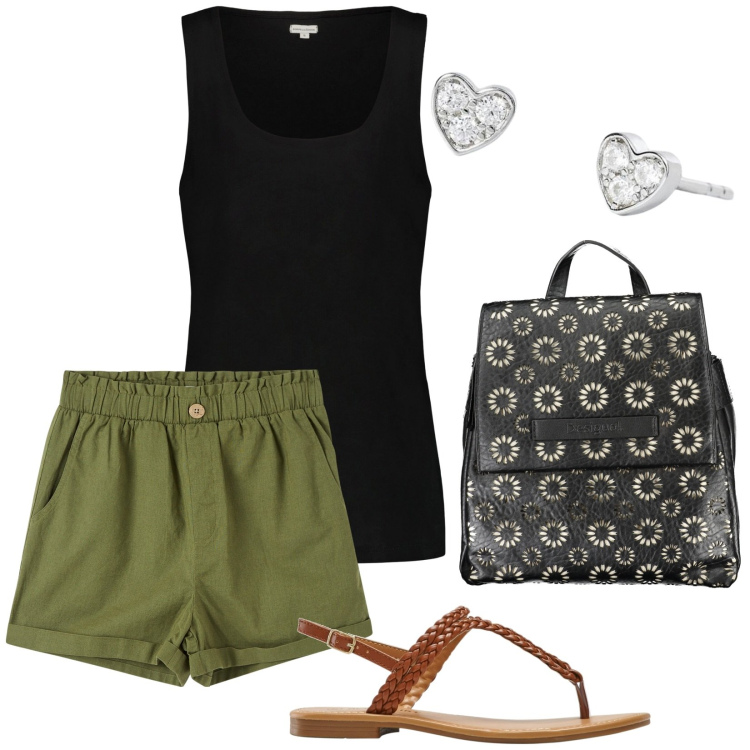 Outfit donna - Total look #1898545. Stile Casual per Tutti i giorni. Abbinamento con ciabatte, pantaloni corti, orecchini, zaini, canottiere.