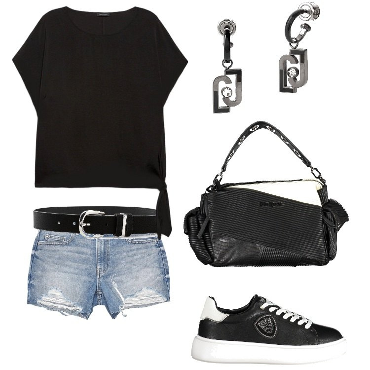 Outfit donna - Total look #1898553. Stile Urban per Tutti i giorni. Abbinamento con cinture, pantaloni corti, bluse, collane, sneakers, orecchini.