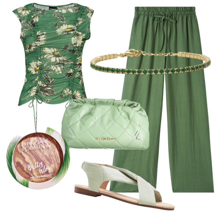 Outfit donna - It\'s green. Stile Boho per Tutti i giorni. Abbinamento con sandali, ciprie, pantaloni, braccialetti, canottiere, borse a spalla.