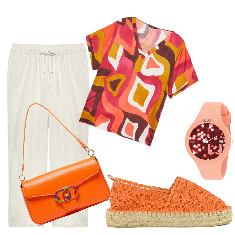 Outfit donna - Must pantalone bianco. Stile Casual per Tutti i giorni. Abbinamento con espadrillas, borse a tracolla, bluse, orologi, pantaloni.