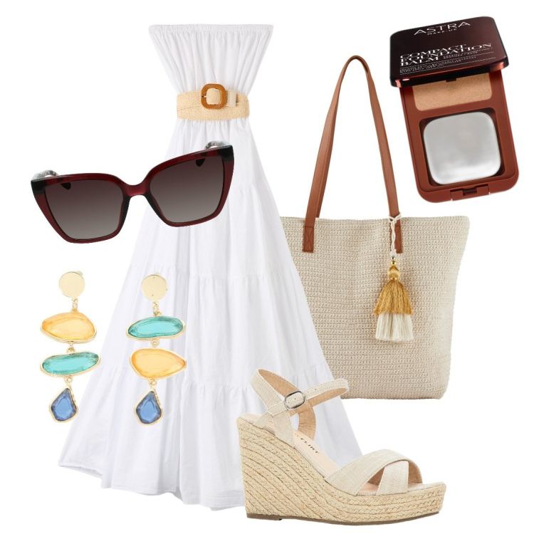 Outfit donna - Mattina pomeriggio o sera. Stile Casual per Tutti i giorni. Abbinamento con sandali, shopping bag, fondotinta, vestiti lunghi, orecchini, occhiali da sole.