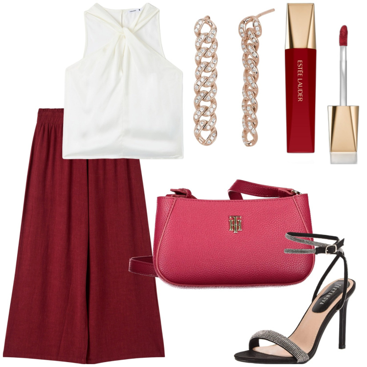 Outfit donna - Total look #1898563. Stile Chic per Serata fuori. Abbinamento con rossetti, pantaloni, top, sandali col tacco, orecchini, borse a tracolla.