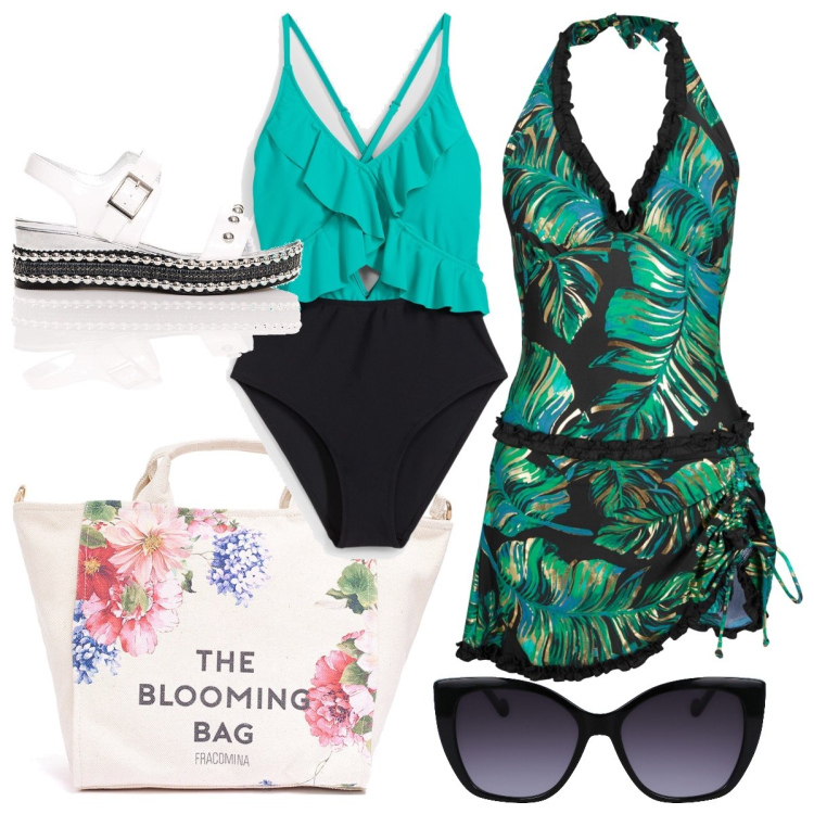 Outfit donna - Total look #1898567. Stile Casual chic per Mare. Abbinamento con vestiti da spiaggia, costumi interi, borse tote, sandali, occhiali da sole.