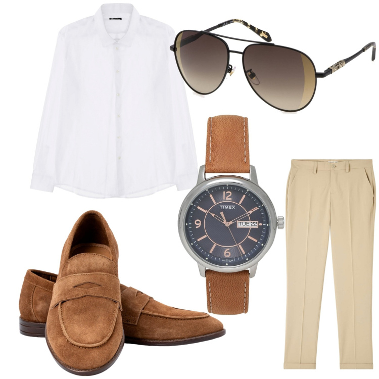 Outfit uomo - Super classico. Stile Business/Elegante per Serata speciale. Abbinamento con orologi, pantaloni chino, camicie, scarpe stringate, occhiali da sole.