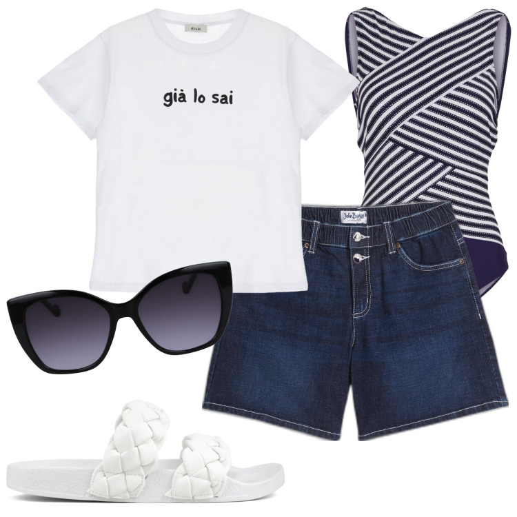 Outfit donna - Giornata al mare. Stile Casual per Mare. Abbinamento con costumi interi, shorts, t-shirt, occhiali da sole, ciabatte.