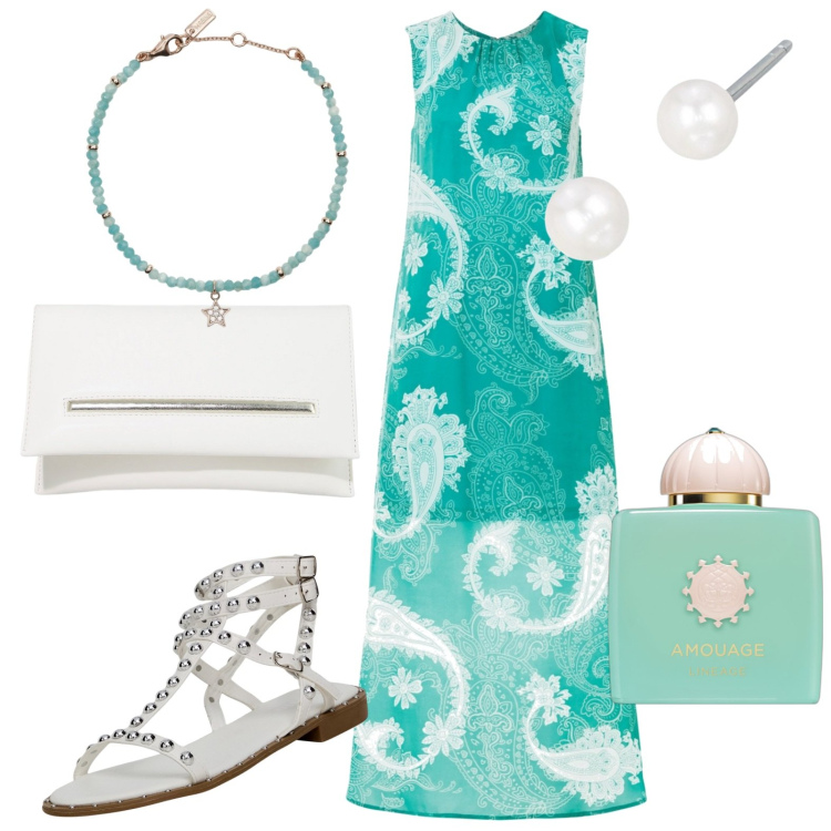 Outfit donna - Estate. Stile Casual per Tutti i giorni. Abbinamento con vestiti lunghi, profumi, sandali, orecchini, braccialetti, pochette.