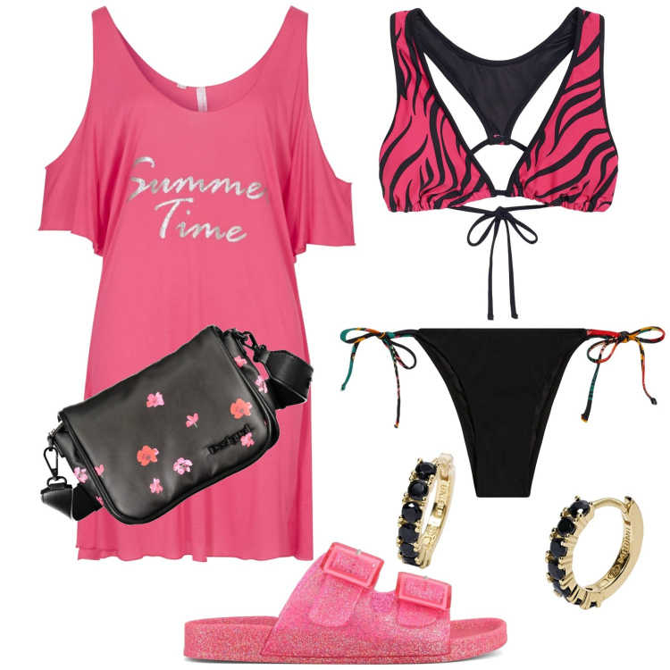 Outfit donna - Mare. Stile Casual per Mare. Abbinamento con vestiti da spiaggia, orecchini, bikini, bikini, sandali, borse a spalla.
