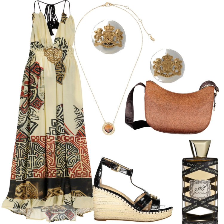 Outfit donna - In città. Stile Casual per Tutti i giorni. Abbinamento con profumi, vestiti asimmetrici, orecchini, ciondoli, sandali, borse a tracolla.