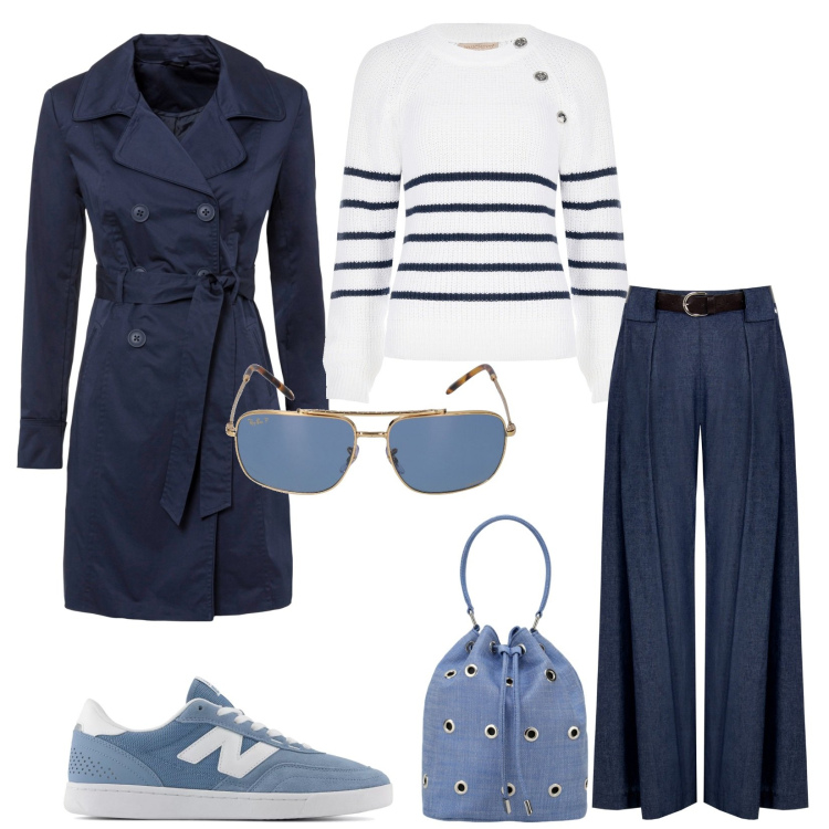 Outfit donna - Al parco. Abbinamento con trench, sneakers, maglieria, pantaloni a palazzo, borse a secchiello, occhiali da sole.