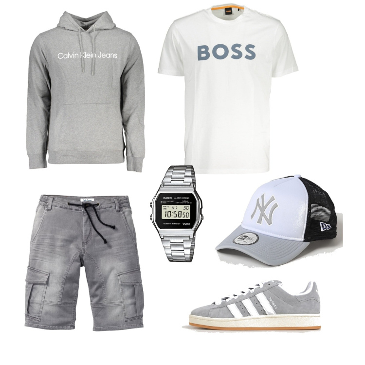 Outfit uomo - Total look #1898612. Abbinamento con bermuda, orologi, cappelli, felpe con cappuccio, sneakers, t-shirt.