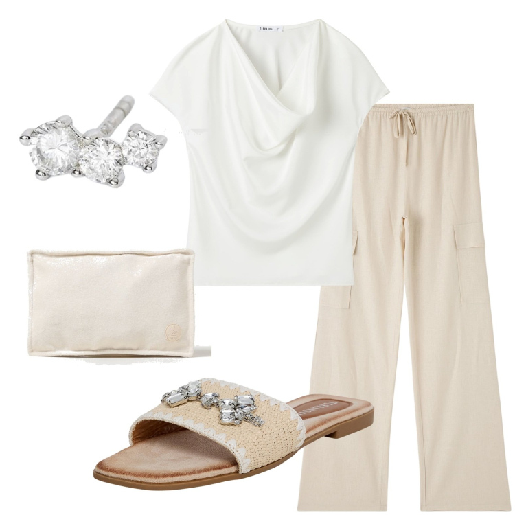 Outfit donna - Giornata con sandalo. Stile Bon Ton per Tutti i giorni. look ideale per Petite. Abbinamento con pantaloni cargo, ciabatte, bluse, orecchini, pochette.