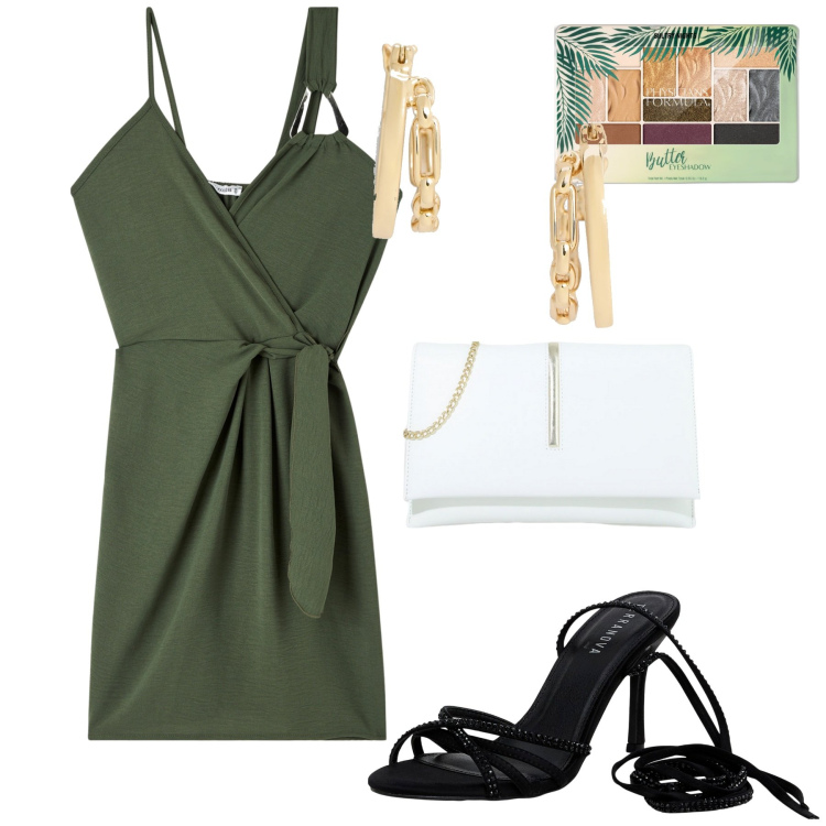 Outfit donna - Serata. Stile Trendy per Serata fuori. Abbinamento con ombretti, vestiti corti, sandali alla schiava, pochette, orecchini.