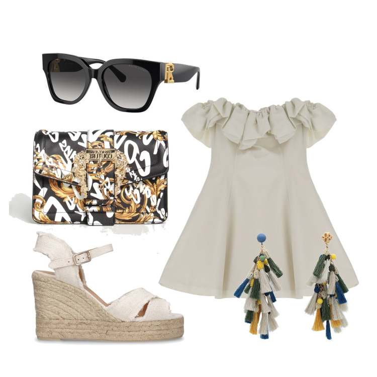 Outfit donna - Ghost outffiter - giugno. Stile Glamour per Tutti i giorni. Abbinamento con orecchini, vestiti corti, occhiali da sole, borse a spalla, espadrillas.