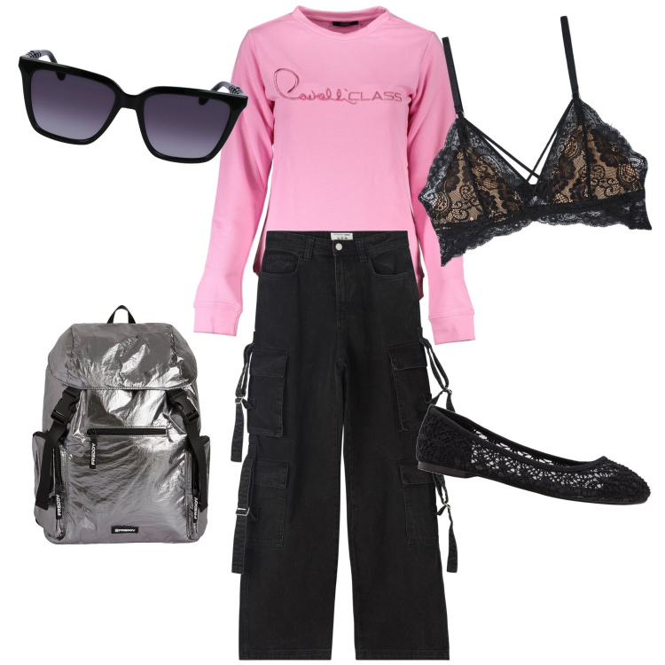 Outfit donna - Total look. Stile Casual chic per Tutti i giorni. Abbinamento con ballerine, reggiseni, jeans, zaini, felpe, occhiali da sole.