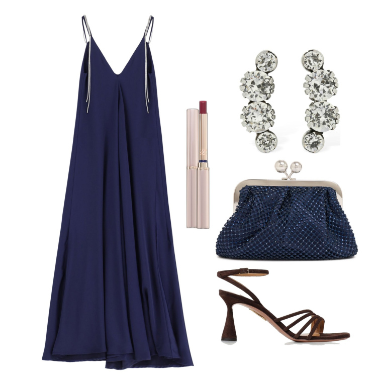 Outfit donna - Ghost outfitter - giugno. Stile Glamour per Cerimonia. Abbinamento con rossetti, vestiti lunghi, sandali col tacco, pochette, orecchini.