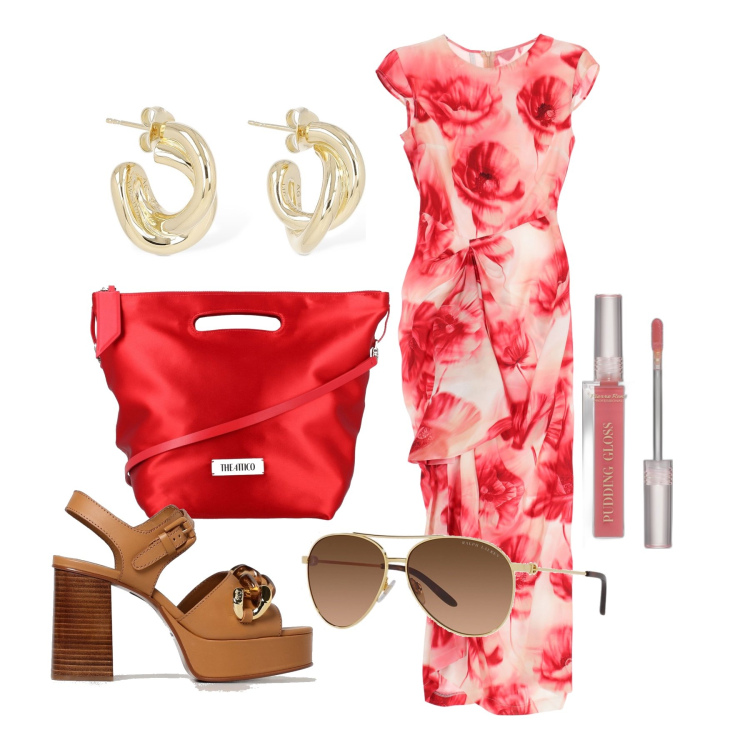 Outfit donna - Ghost outfitter - giugno. Stile Romantica per Tutti i giorni. Abbinamento con gloss, vestiti lunghi, occhiali da sole, orecchini, sandali in pelle, borse a mano.