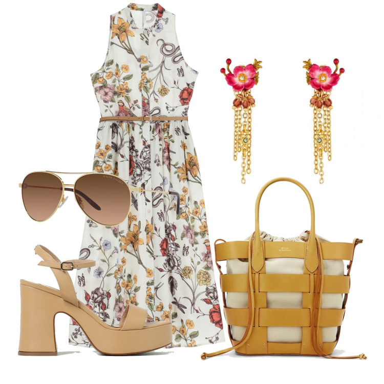 Outfit donna - Ghost outfitter - giugno. Stile Bon Ton per Tutti i giorni. Abbinamento con orecchini, vestiti lunghi, occhiali da sole, pochette, sandali col tacco.