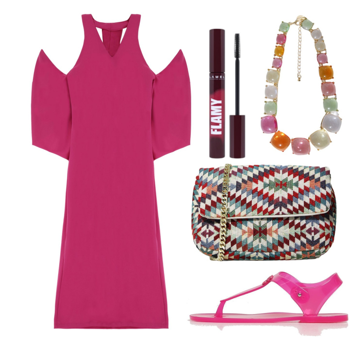 Outfit donna - Ghost outfitter - giugno. Stile Trendy per Tutti i giorni. Abbinamento con mascara, pochette, vestiti, collane, sandali.