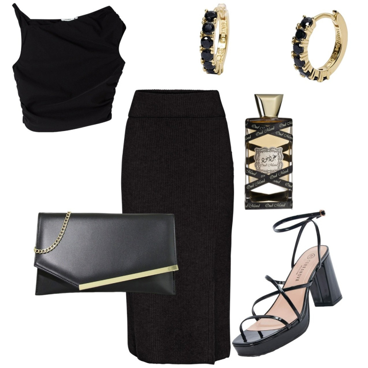 Outfit donna - Sensuale. Stile Sexy per Serata fuori. Abbinamento con gonne, top, sandali in pelle, profumi, orecchini, pochette.
