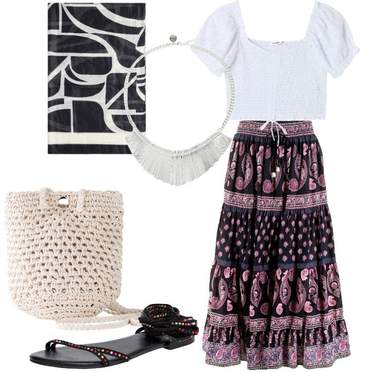 Outfit donna - La bucket bag per le vacanze. Stile Boho per Tutti i giorni. Abbinamento con gonne lunghe, borse a tracolla, sandali alla schiava, bluse, collane, foulard.