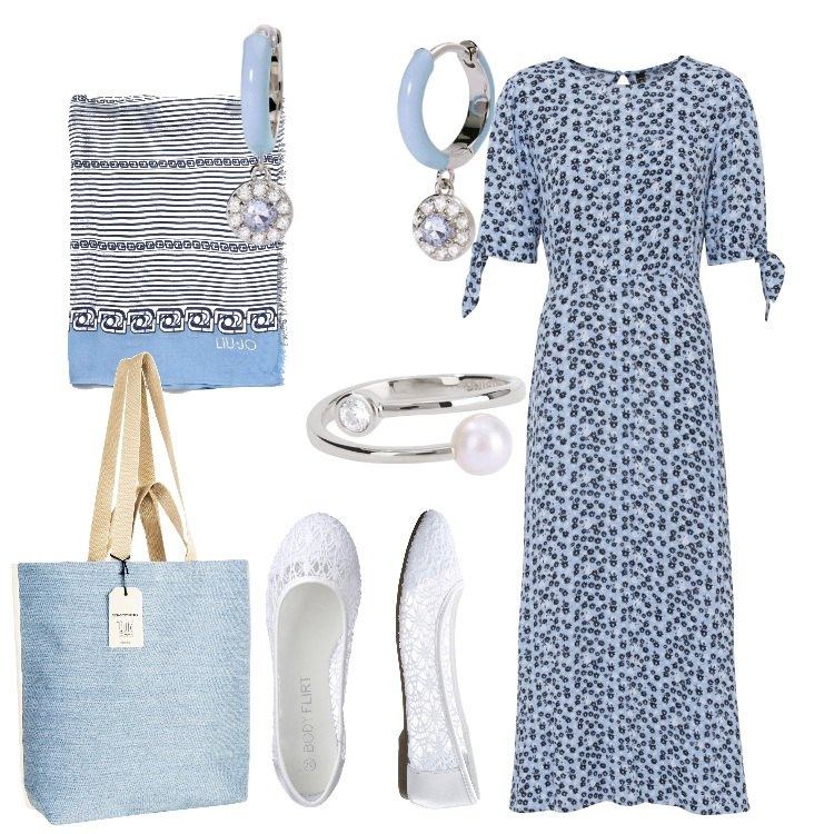 Outfit donna - Un look romantico per un giornata fuori. Stile Romantica per Tutti i giorni. Abbinamento con ballerine, vestiti midi/longuette, orecchini, anelli, borse tote, sciarpe.