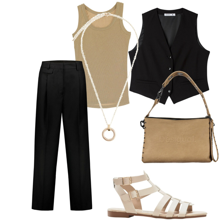 Outfit donna - L\'ufficio in estate. Stile Basic per Ufficio. Abbinamento con sandali, collane, gilet, top, pantaloni, borse a spalla.