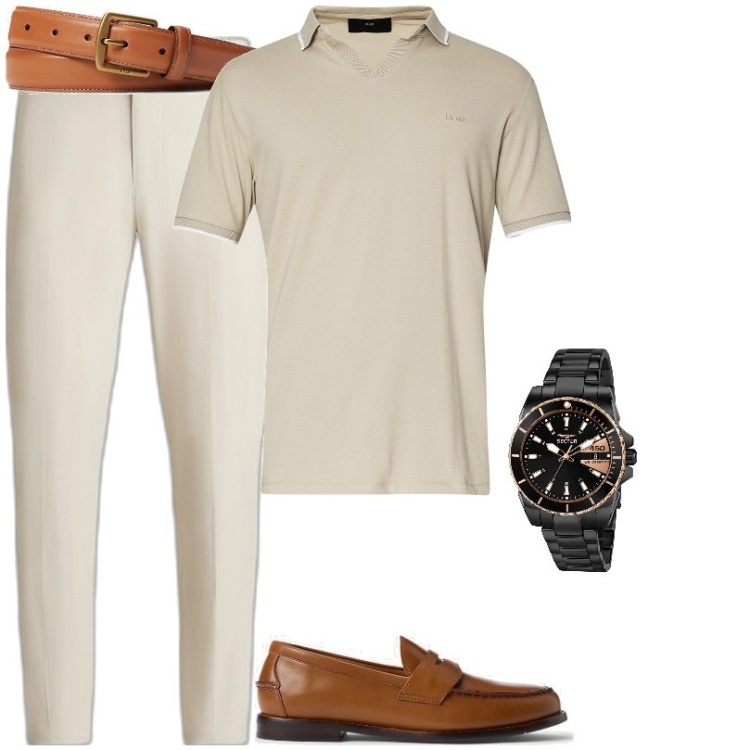 Outfit uomo - Casual-raffinato. Stile Casual per Tutti i giorni. Abbinamento con orologi, scarpe stringate, cinture, pantaloni, polo.