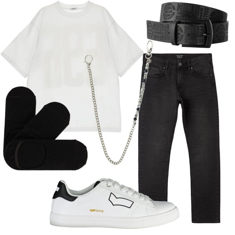 Outfit uomo - Total look #1898693. Stile Urban per Tutti i giorni. Abbinamento con cinture, jeans dritti, calzini, t-shirt, collane, scarpe sportive.