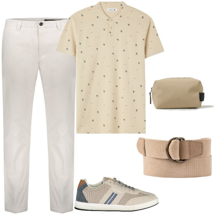 Outfit uomo - Toni chiari. Stile Casual per Tutti i giorni. Abbinamento con t-shirt, pantaloni, borse sportive, sneakers, cinture.