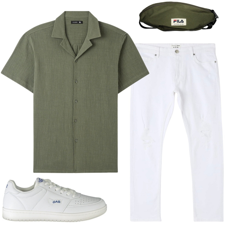 Outfit uomo - Total look #1898698. Stile Casual per Tutti i giorni. Abbinamento con jeans strappati, camicie a manica corta, borse sportive, sneakers.