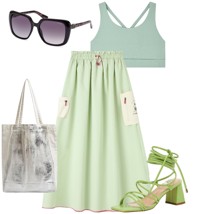 Outfit donna - La gonna con coulisse. Stile Casual chic per Tutti i giorni. Abbinamento con gonne lunghe, top sportivi, shopping bag, sandali alla schiava, occhiali da sole.