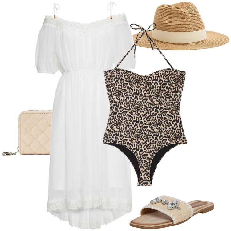 Outfit donna - Il costume leopardato. Stile Sexy per Mare. Abbinamento con vestiti, ciabatte, costumi interi, cappelli, portafogli.