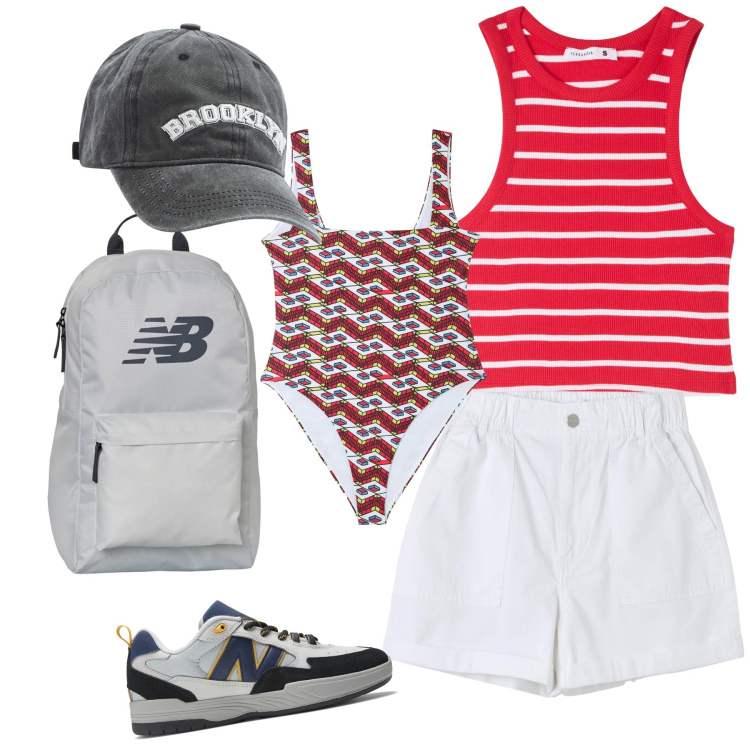 Outfit donna - Di corsa verso il mare. Stile Casual per Mare. Abbinamento con costumi interi, cappelli, shorts, canottiere, sneakers, zaini.