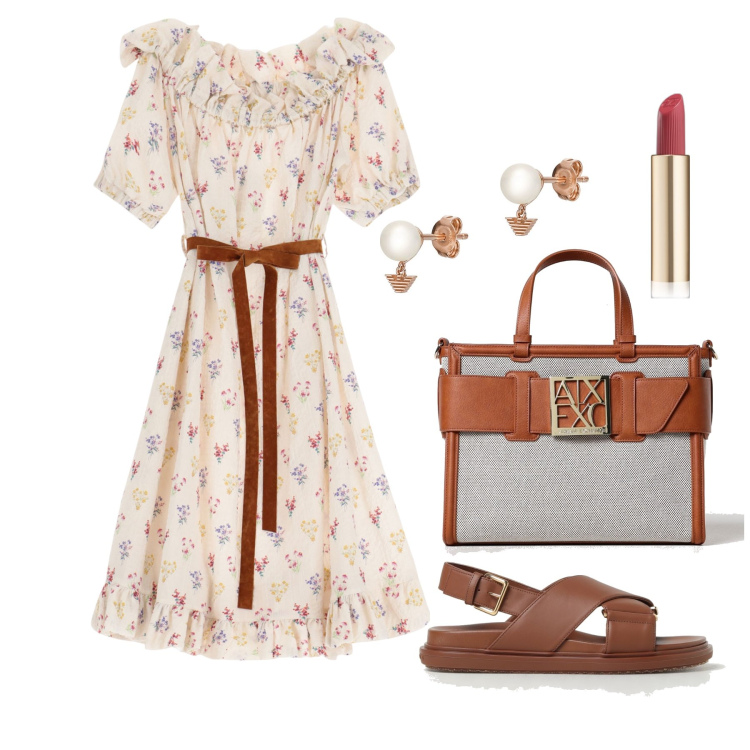 Outfit donna - Ghost outfitter - giugno. Stile Romantica per Tutti i giorni. Abbinamento con orecchini, rossetti, vestiti corti, sandali in pelle, borse tote.