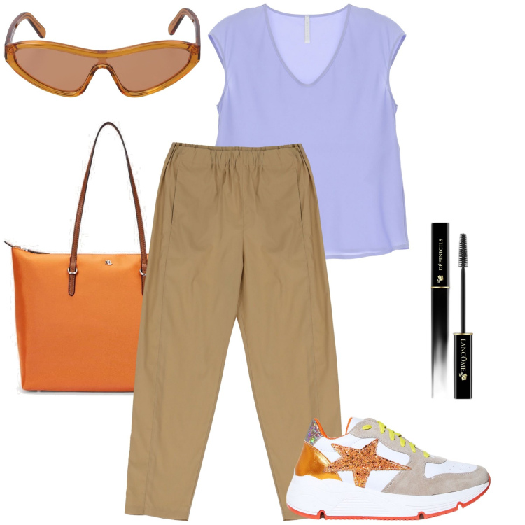 Outfit donna - La blusa lilla. Stile Casual chic per Tutti i giorni. Abbinamento con mascara, sneakers, pantaloni, canottiere, borse tote, occhiali da sole.