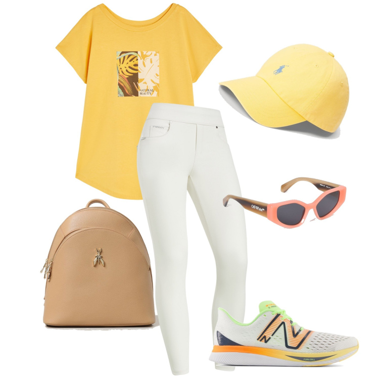 Outfit donna - I leggings bianchi. Stile Sporty chic per Sport. Abbinamento con sneakers, t-shirt, jeggings, cappelli, occhiali da sole, zaini.
