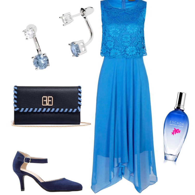 Outfit donna - Azzurro cerimonia. Stile Chic per Cerimonia. Abbinamento con décolleté, vestiti senza maniche, profumi, orecchini, pochette.