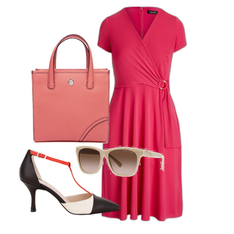 Outfit donna - Bon ton. Stile Bon Ton per Ufficio. Abbinamento con sandali in pelle, occhiali da sole, vestiti midi/longuette, shopping bag.
