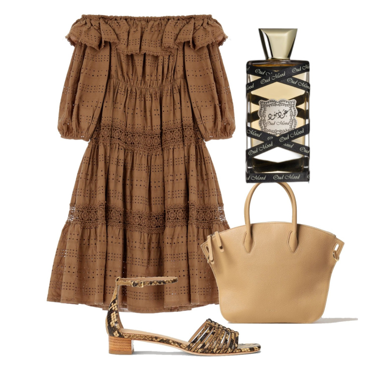 Outfit donna - Balze e rouches. Stile Romantica per Tutti i giorni. Abbinamento con profumi, vestiti corti, sandali in pelle, borse a mano.